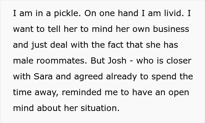 Text excerpt discussing tension about male roommates and helping a roommate lie to her conservative family.