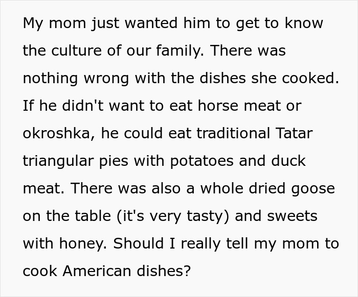 Text about a guy reacting negatively to traditional food instead of American dishes, mentioning Tatar pies and dried goose. Text about a guy reacting negatively to traditional food instead of American dishes, mentioning Tatar pies and dried goose.