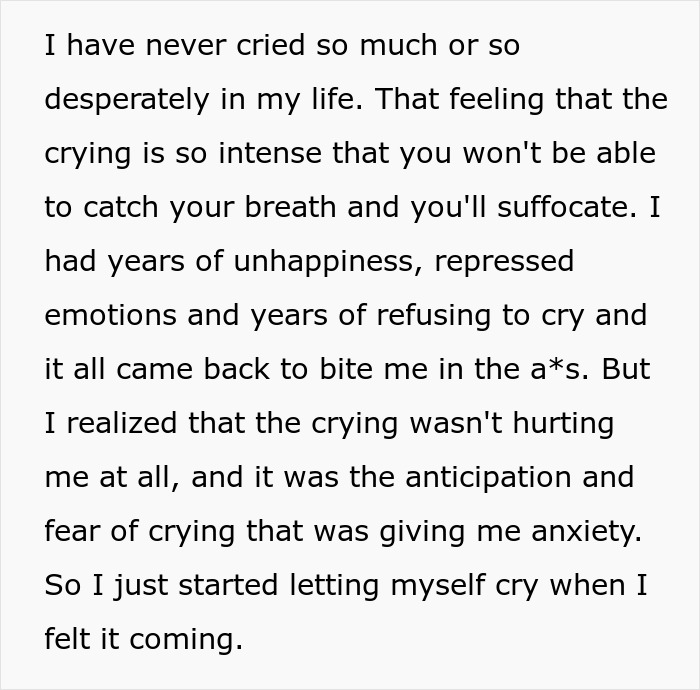 Scroll of text discussing intense crying and emotional release after years of unhappiness and repressed emotions.