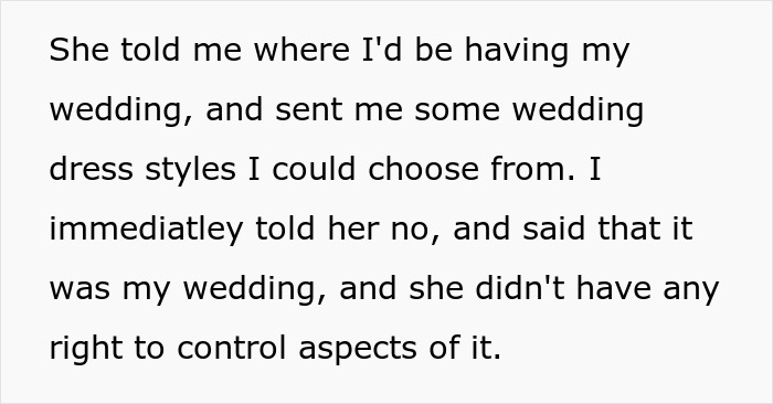 Bride confronts mother-in-law trying to hijack wedding venue and dress, delivering a sharp reality check.