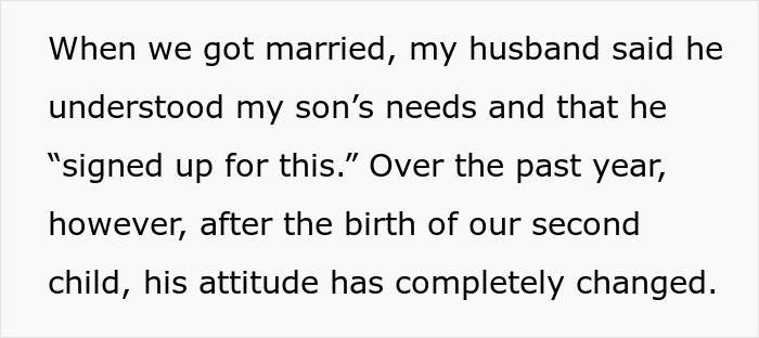 Text excerpt discussing a husband&rsquo;s changing attitude toward his wife's disabled son hampering their normal family life.