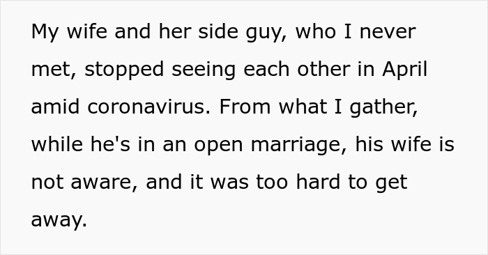 Text excerpt discussing a wife making husband agree to an open marriage to reconnect with her ex amid coronavirus.