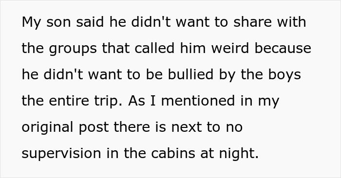 Text excerpt about autistic kid excluded from class trip due to bullying fears and lack of supervision during night cabins.