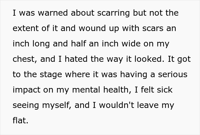 Text about a 28-year-old sharing cancer surgery story and dealing with scarring's impact on mental health.