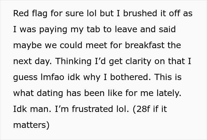 Text message describing frustration in a strange guy relationship bar experience involving red flags and unclear intentions.