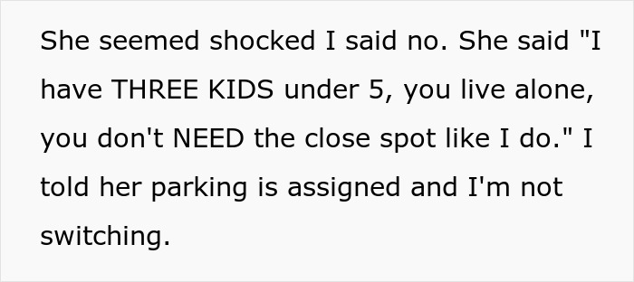 Text conversation showing a new neighbor arguing about a parking place, refusing to switch assigned spots.