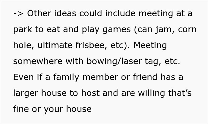 Text suggesting alternative baby shower ideas like park games, laser tag, and hosting at a family member's larger house.