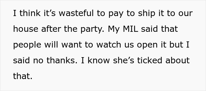 Text discussing MIL&rsquo;s inappropriate baby shower idea causing a tantrum after it was rejected by family.