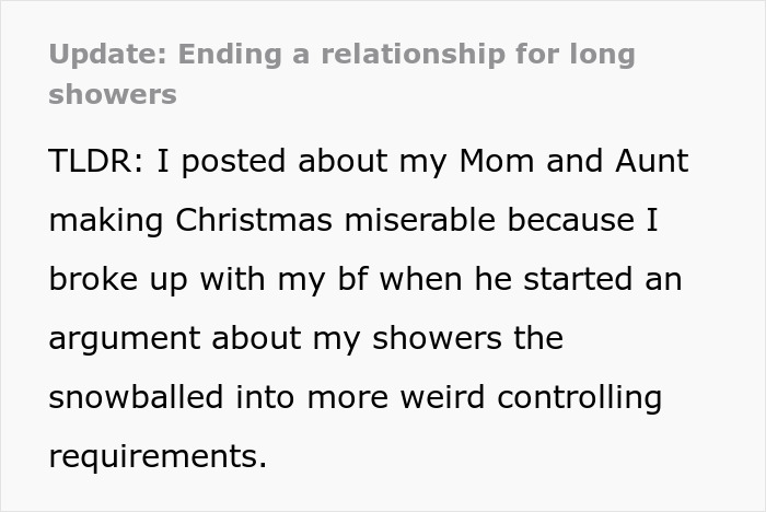 Screenshot of a Reddit post about ending a relationship over boyfriend's red flags and controlling behavior about long showers