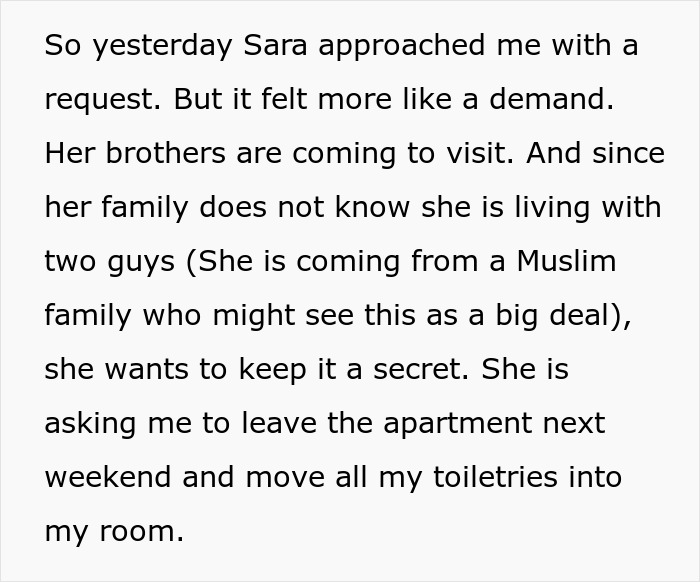 Text excerpt about a guy helping his roommate lie to her conservative family by refusing to pay for a hotel.