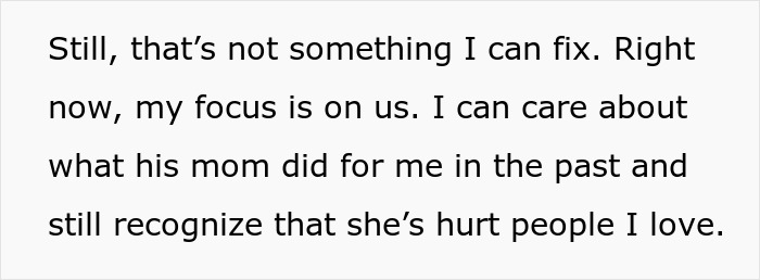 Text excerpt discussing a man feeling torn between his husband and mother-in-law after secretly helping her.