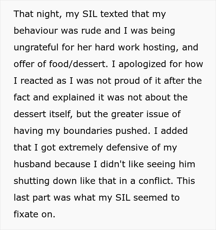 Text excerpt from a story where SIL holds couple hostage at dinner, threatening to destroy their car with food.