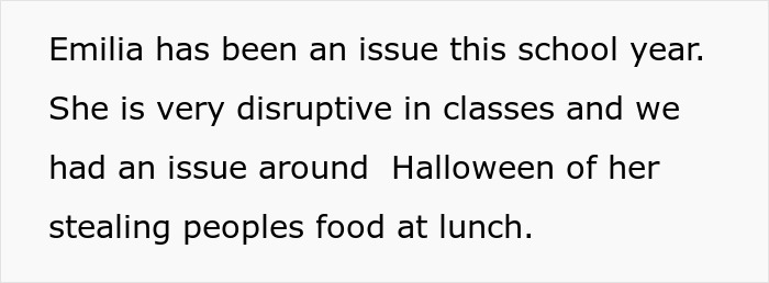 Typed note about disruptive daughter Emilia stealing lunch, parent wonders if daughter should attend birthday party Typed note about disruptive daughter Emilia stealing lunch, parent wonders if daughter should attend birthday party