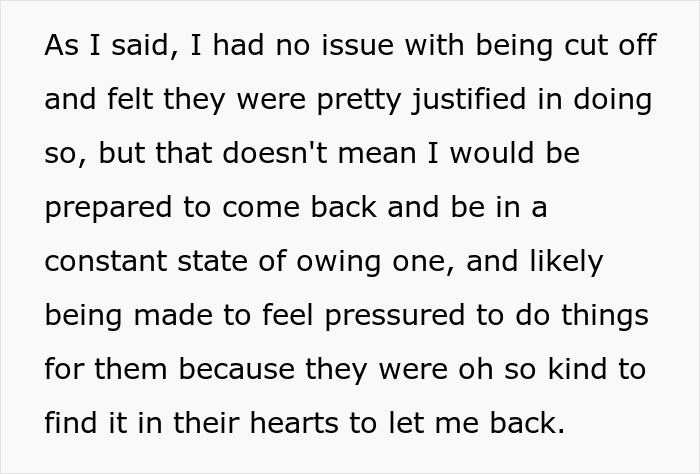 Text excerpt discussing feelings about family forgiveness and the pressure of owing after being allowed back.