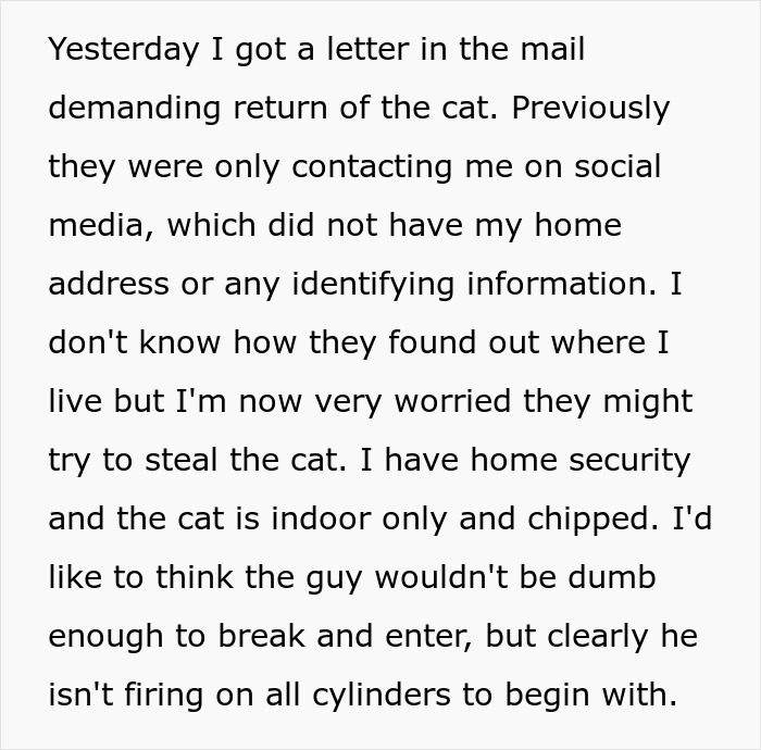 Alt text: Letter demanding return of lost cat raised as family royalty, with owner concerned about cat&rsquo;s safety and home security.