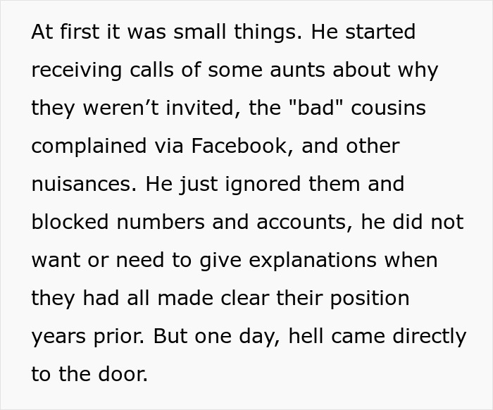 Text describing family shock and disownment after not being invited to gay son&rsquo;s extravagant wedding, showing conflict.