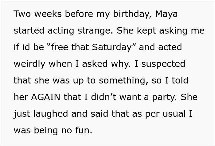 Text excerpt discussing a woman&rsquo;s birthday and sibling conflict related to an ex being invited to the party.