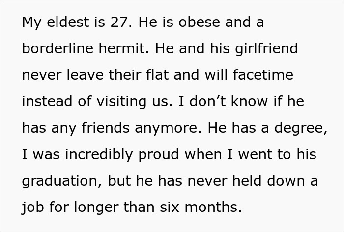 Text excerpt from a dad describing his eldest child as obese, reclusive, and struggling with employment despite having a degree. Text excerpt from a dad describing his eldest child as obese, reclusive, and struggling with employment despite having a degree.