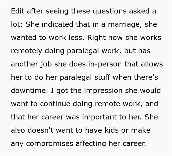Text excerpt about woman working remotely and managing paralegal jobs, emphasizing career importance and relationship compromises.