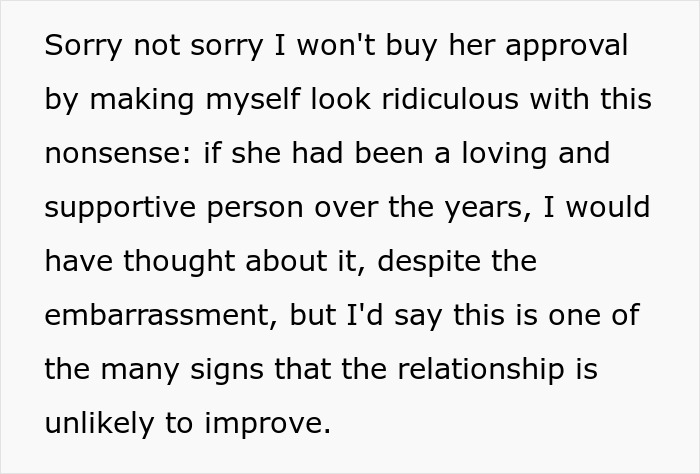 Text about a daughter-in-law refusing a mother-in-law&rsquo;s demands despite relationship challenges and embarrassment.