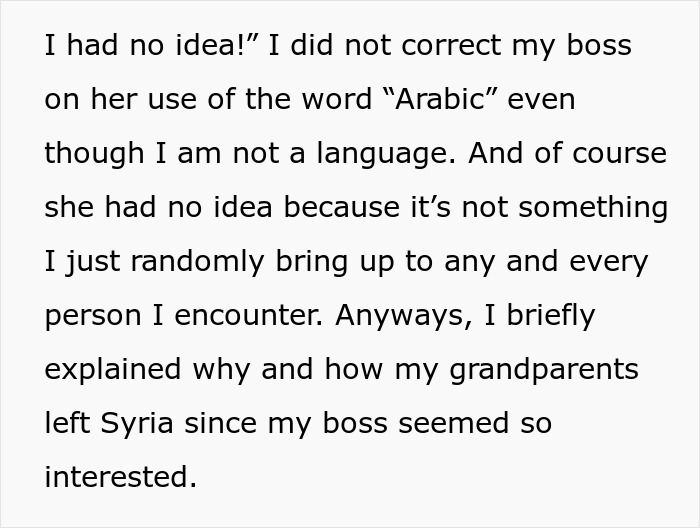 Text excerpt discussing an employee clarifying ethnic background after boss’s mistaken use of the word Arabic. Text excerpt discussing an employee clarifying ethnic background after boss’s mistaken use of the word Arabic.