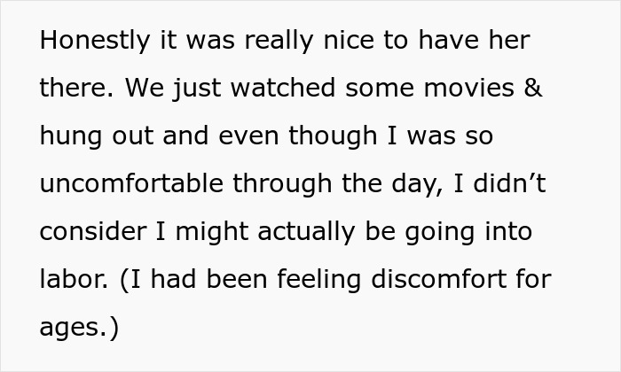 Text excerpt describing a woman feeling uncomfortable and unaware she was going into labor before giving birth in friends' car.