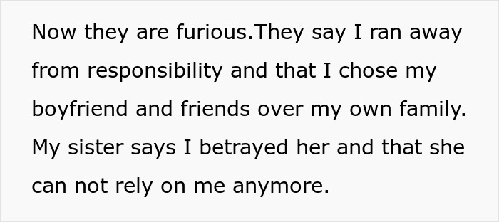 Text excerpt showing a woman fleeing her home after family pressures to become a free nanny, highlighting family conflict.