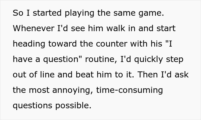 Alt text: Man playing the same game to skip coffee line, beating another patron with time-consuming questions. - 7