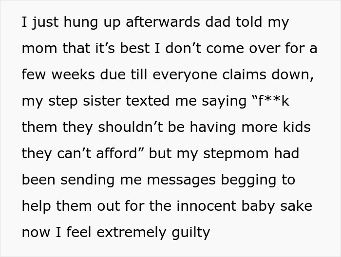 Text message about a teen&rsquo;s stepsister supporting her against a stepmom calling her selfish and cruel for spending money.
