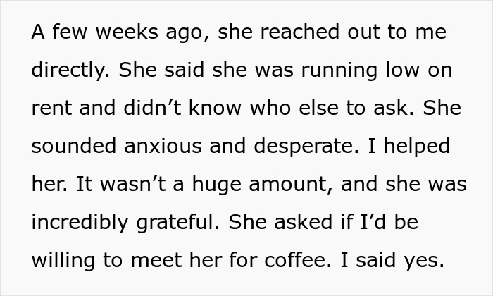 Text excerpt about a man feeling torn between his husband and mother-in-law after secretly helping her with rent.