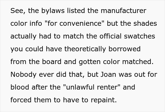 Text excerpt showing HOA bylaws and a dispute involving an HOA president and repainting issues with a couple.