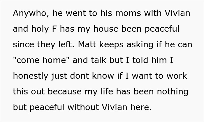 Text from a woman explaining she does not want her fianc&eacute; and stepdaughter to come back as her life is peaceful without them.