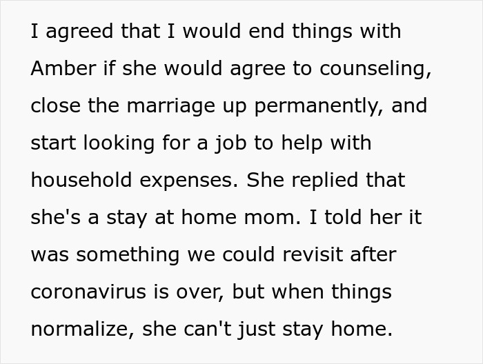 Text excerpt discussing a wife negotiating an open marriage agreement with her husband to reconnect with her ex.