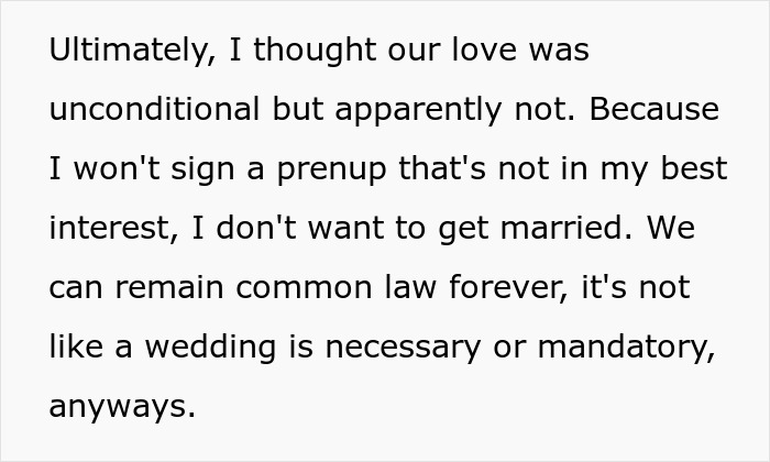 Text image showing a person refusing to sign a prenup not in their best interest and rejecting marriage plans. Text image showing a person refusing to sign a prenup not in their best interest and rejecting marriage plans.