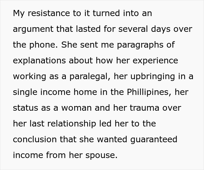 Text excerpt about a woman forcing boyfriend to sign a contract for shared income due to her background and experiences.