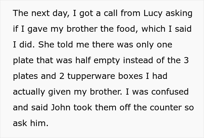 Text excerpt about a guy fearing to tell his wife after eating leftovers and his sister blaming the situation.