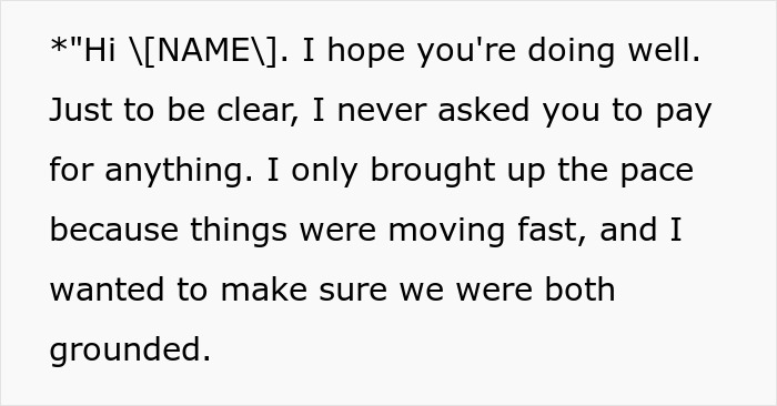 Text message conversation about dating pace clarification, no requests for paying thousands on two dates discussed.