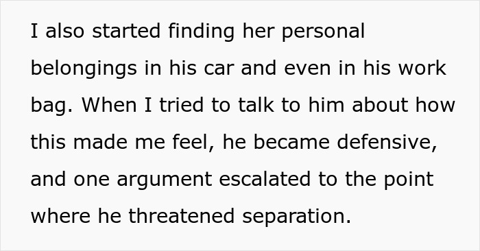 Text describing a guy&rsquo;s relationship with a female colleague crossing work-wife boundaries and his real wife confronting him.