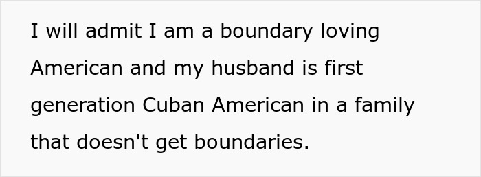 Text on a white background discussing boundary loving American and first generation Cuban American husband in a family ignoring boundaries, related to ruining family relationship lying MIL.