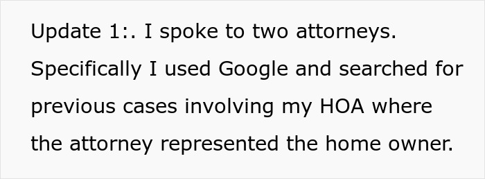 Text excerpt about speaking to attorneys regarding HOA cases in a home owner dispute involving backyard use complaints.