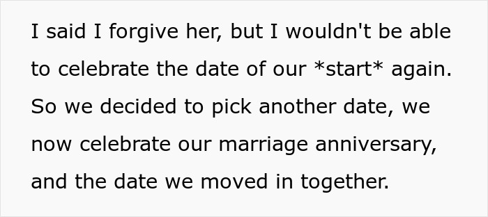 Text message conversation about forgiving infidelity and choosing a new anniversary date after learning about the wife's betrayal.