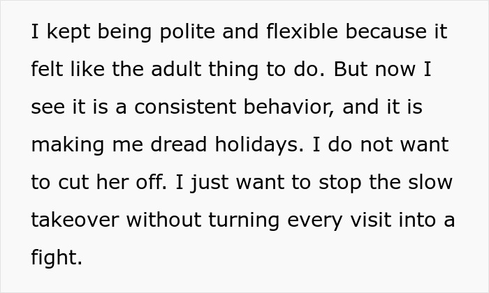 Text about manipulative MIL using fake kindness to steamroll DIL, causing dread and ruining holiday traditions.