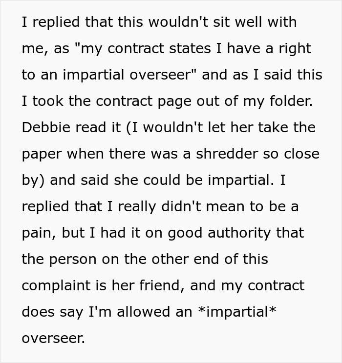 Text excerpt about contract and impartial overseer related to 28YO sharing cancer surgery story after coworker comment.
