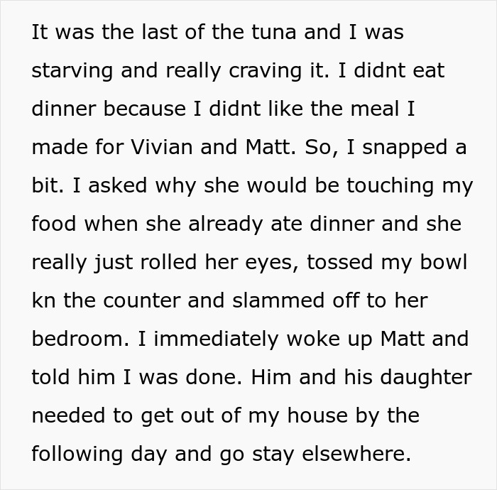 Text excerpt describing a woman snapping and kicking her fianc&eacute; and stepdaughter out, deciding she does not want them back.