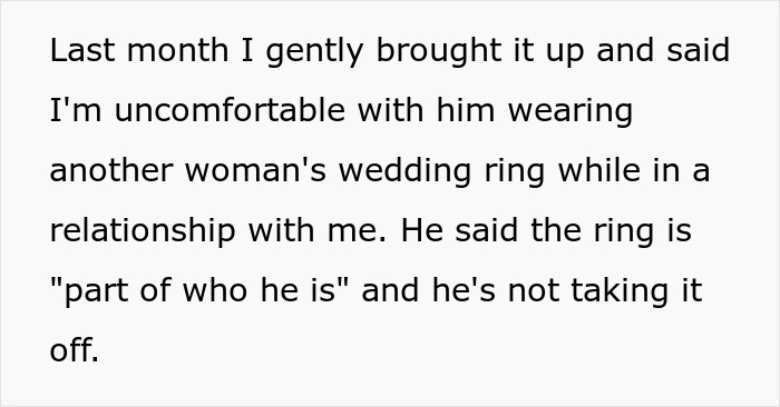Text about woman getting a brutal reality check after asking widower boyfriend to remove his wedding ring from their relationship.