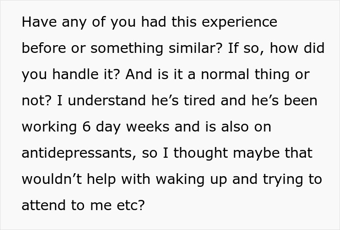 Text discussing experiences with partner sleep issues, tiredness, antidepressants, and concerns about waking to attend to partner.