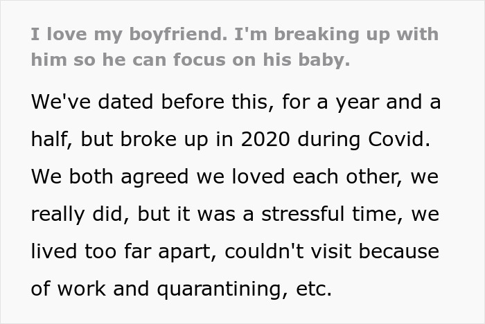 Text excerpt showing a woman explaining her breakup with her boyfriend so he can focus on raising his baby during a stressful time.
