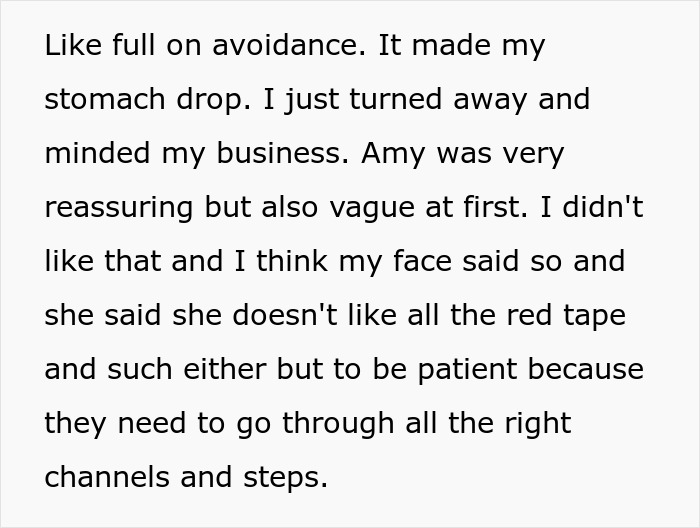 Text excerpt about coworker avoidance and frustration, related to woman filming coworker to prove disability claim.