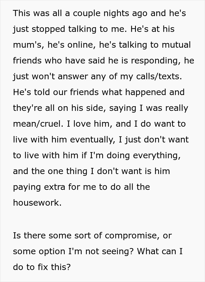 Text excerpt showing a man wanting to move from mom&rsquo;s house into girlfriend&rsquo;s without learning chores and facing a reality check.