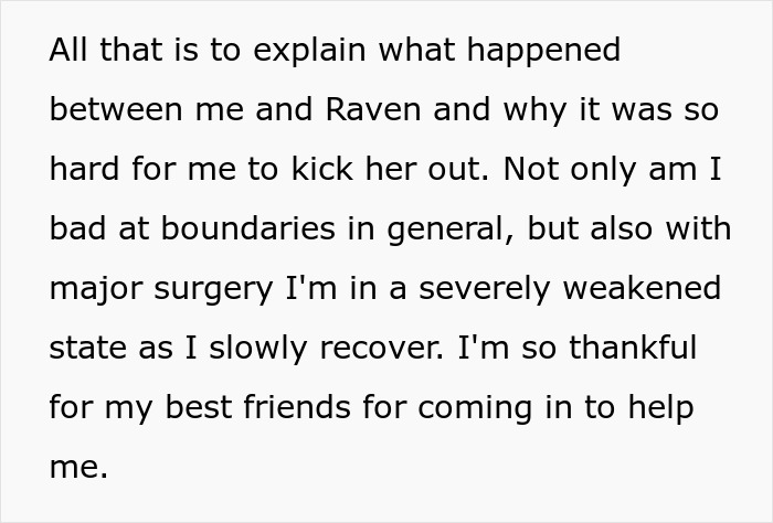 Text excerpt explaining difficulty setting boundaries and recovering from major surgery while thanking friends for support during recovery. - 32